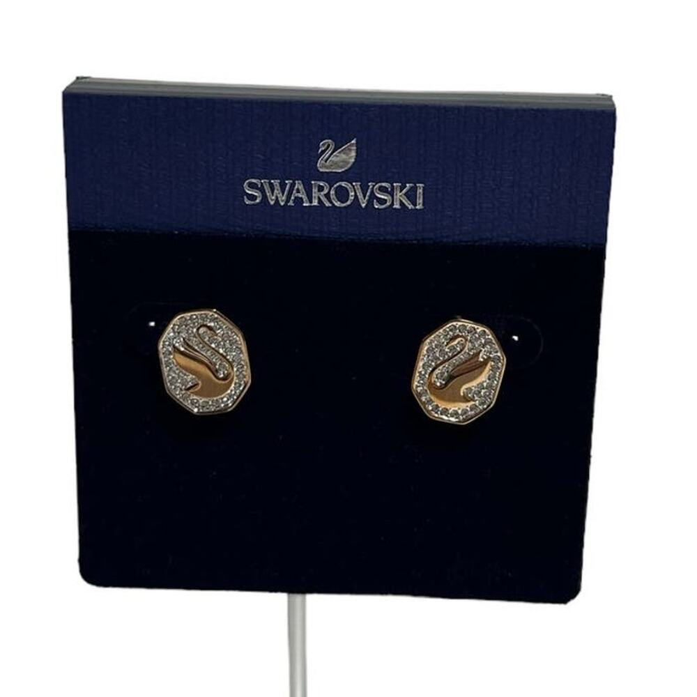 Swarovski Signum Swan stud earrings Octagon shape, White, Rose gold-tone plated